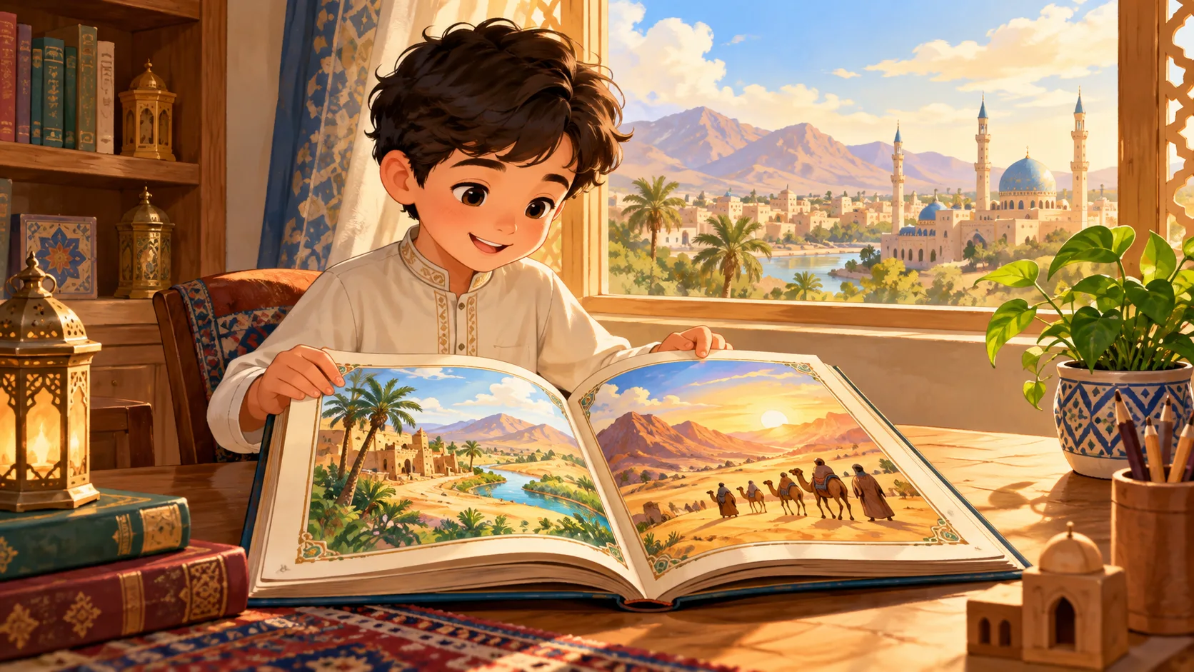 طفل يفتح كتابًا على مكتب مضيء