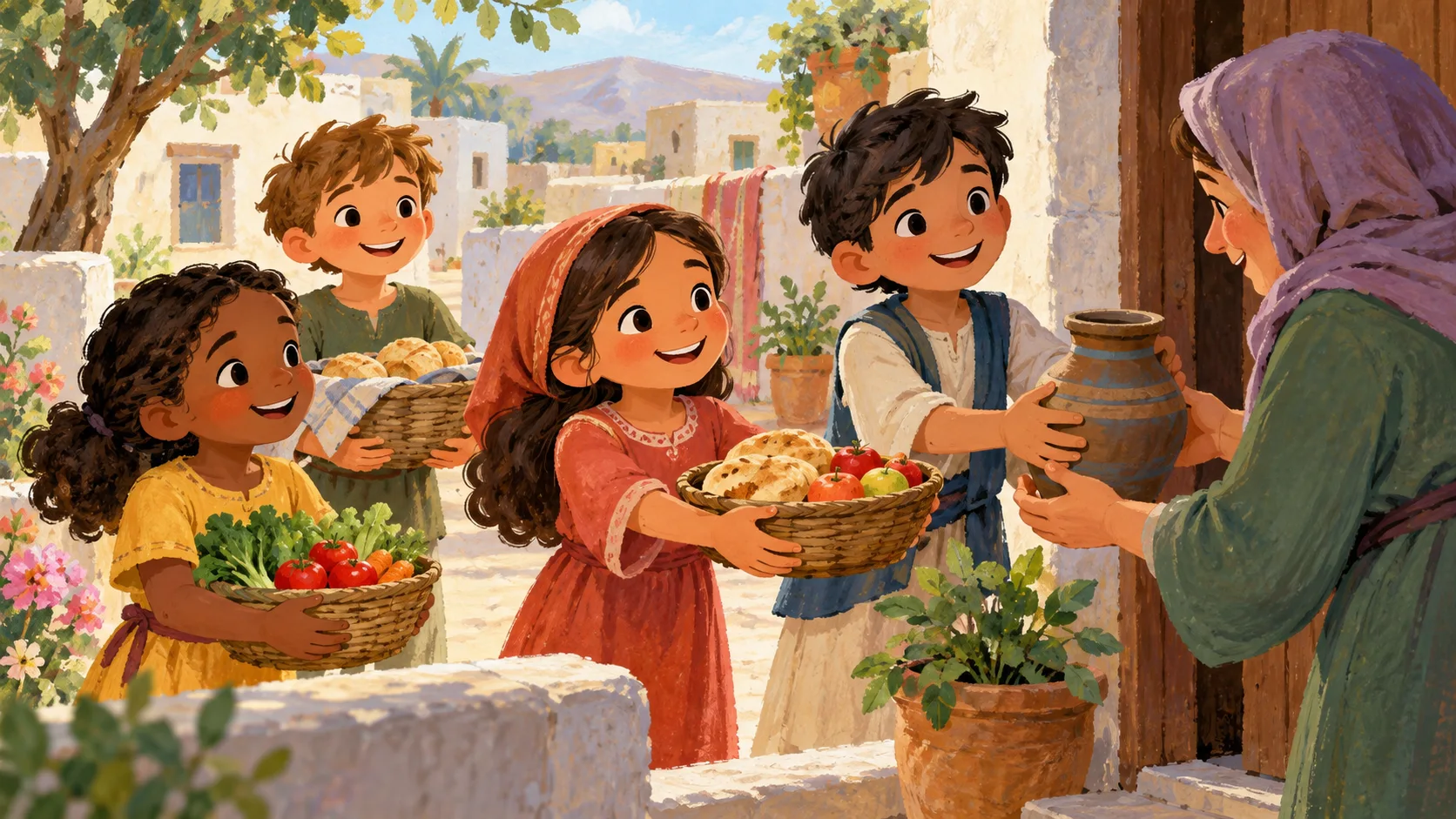 أطفال يقدمون الطعام لجارة