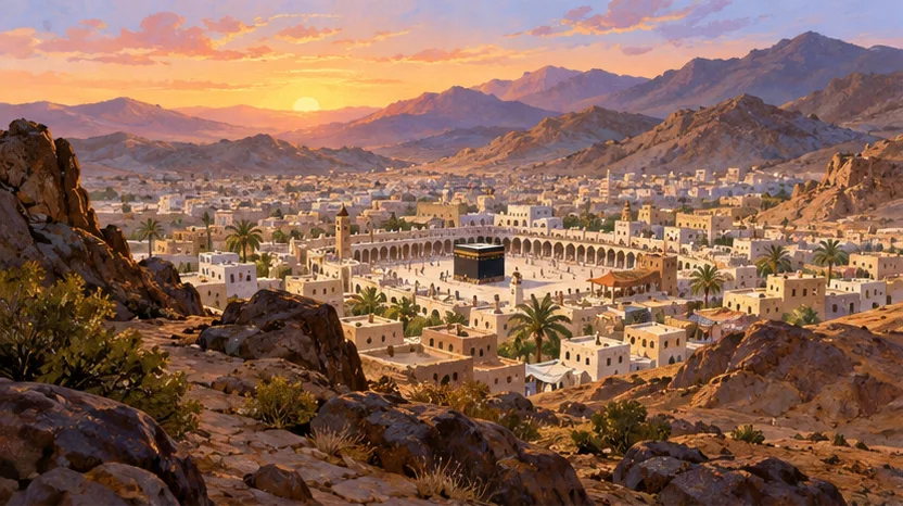 مكة من بعيد بين الجبال وقت الفجر