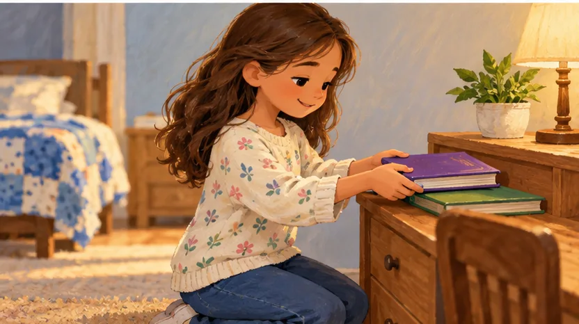 طفلة ترتب كتبها في غرفتها