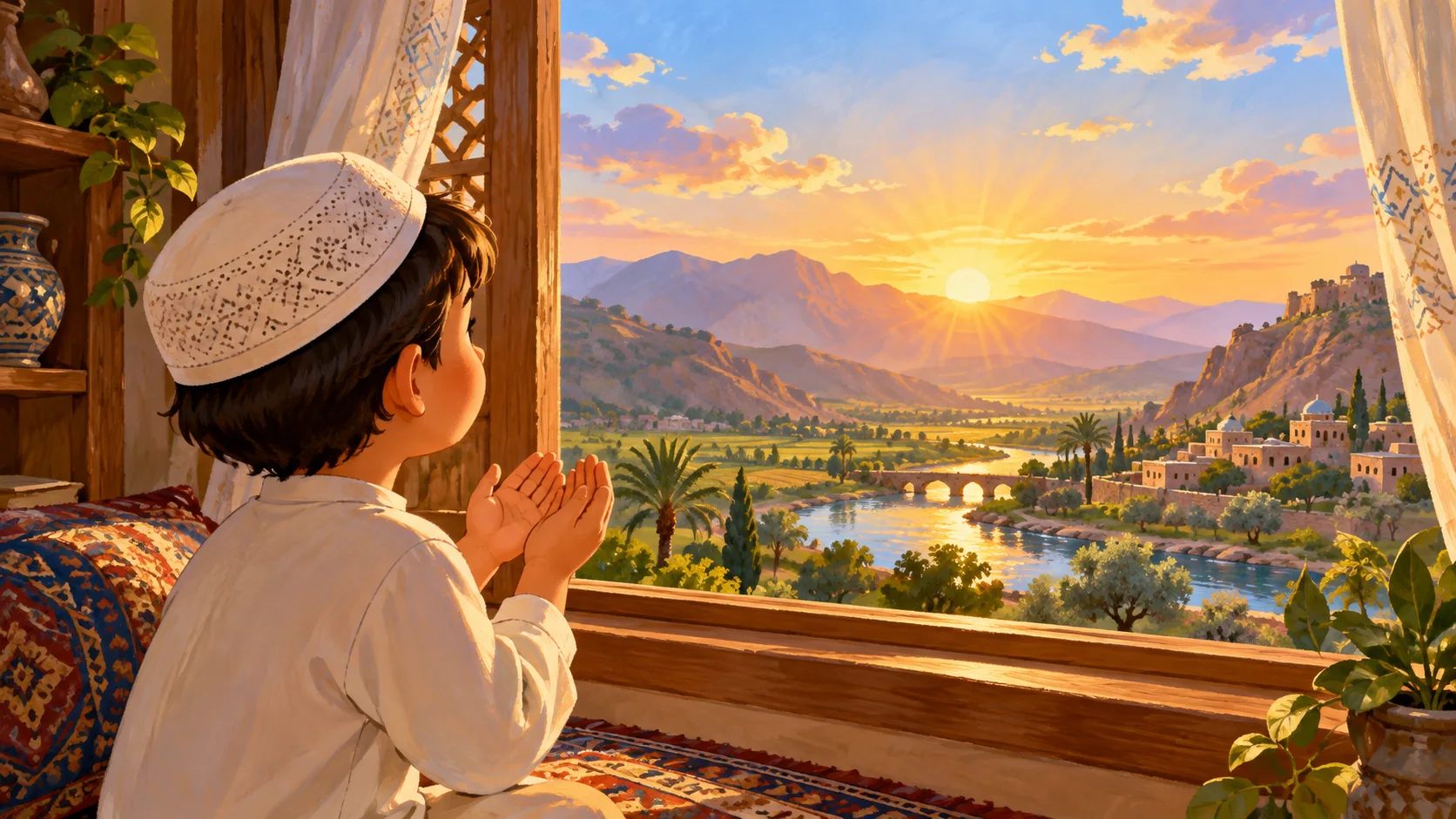 ضوء الصبح يظهر خلف التلال وطفل يدعو عند النافذة