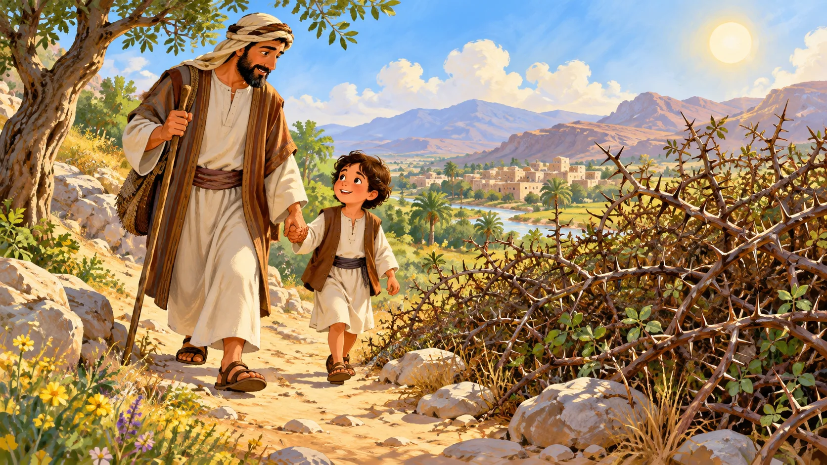 طفل يسير مع أحد والديه بعيدًا عن الشوك
