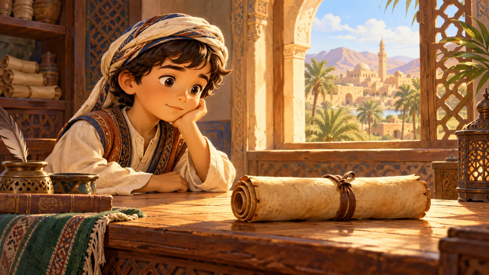 طفل يتأمل لفافة تعليمية على طاولة