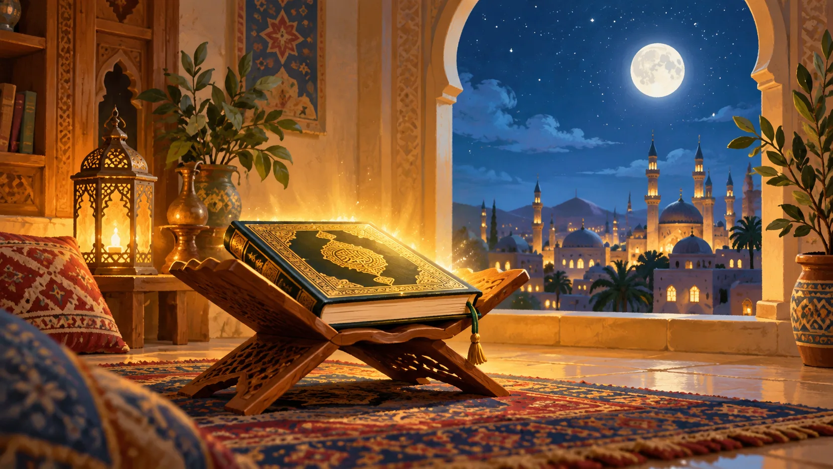 مصحف مغلق قرب نافذة ليلية في رمضان