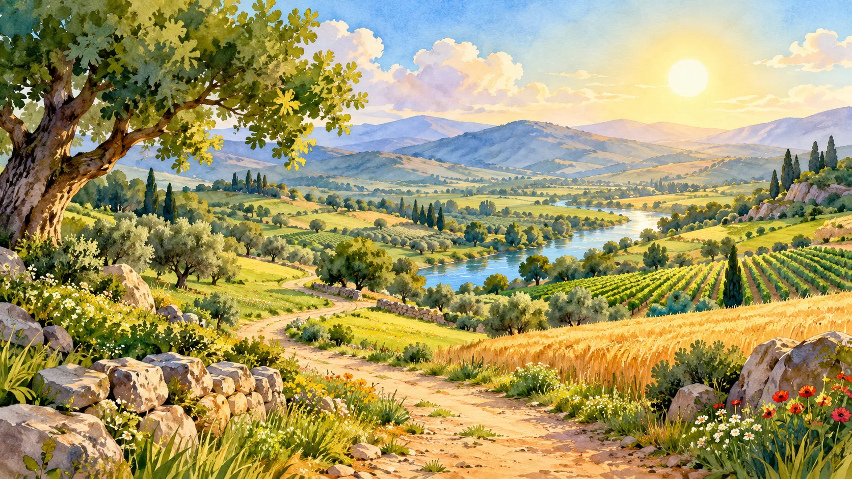 أرض واسعة وحقول وتلال ممتدة