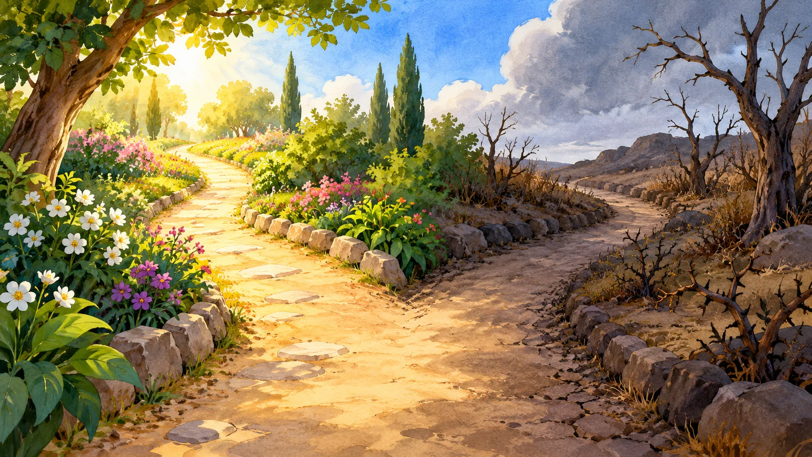 طريقان في حديقة، أحدهما مزهر والآخر مهمل
