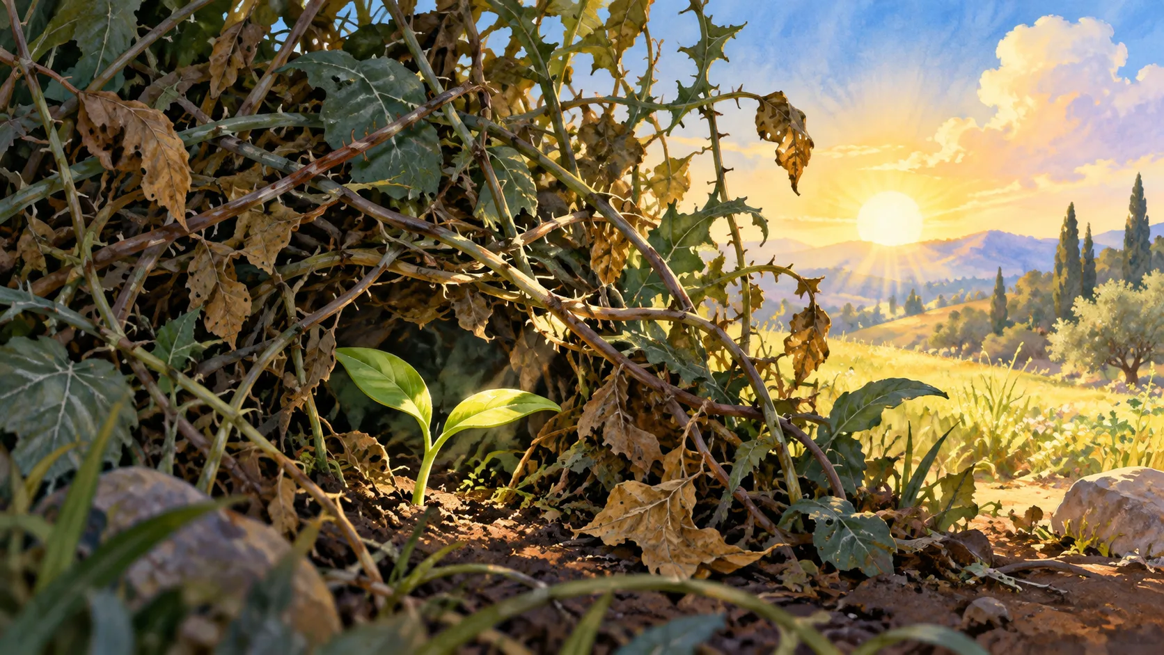 نبتة صغيرة تحجبها الأعشاب مع ضوء قريب