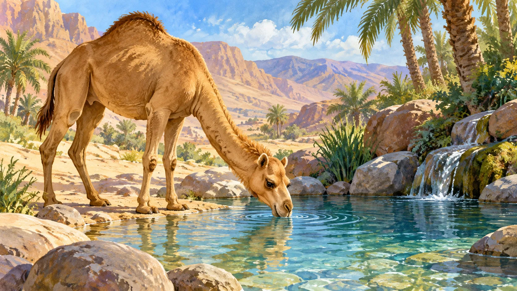 ناقة تشرب الماء؛ مثال لتعلّم الرفق بالحيوان