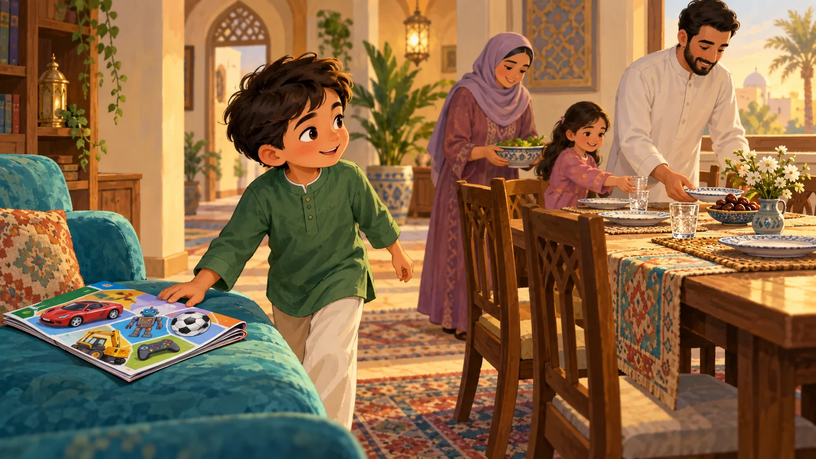طفل يغلق كتالوج ألعاب ويساعد أسرته