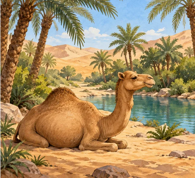 ناقة تستريح قرب الماء والنخيل
