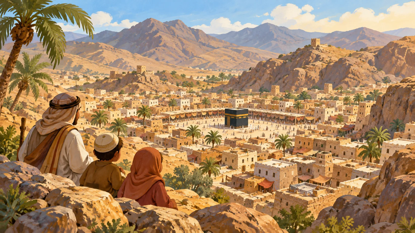 مكة والكعبة من بعيد وسط الجبال